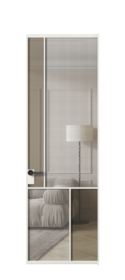 Межкомнатная дверь Mosaic АЛПЛ041.20 Алюминий светло-серый Декоративное стекло с сеткой "Mesh silver", триплекс, 6 мм + Прозрачное бронзовое стекло, триплекс, 6 мм Цена 5140 Br | Volhovec