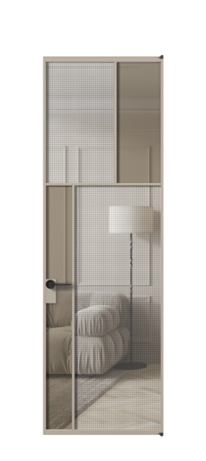 Межкомнатная дверь Mosaic АЛПЛ041.22 Алюминий бисквитный Декоративное стекло с сеткой "Mesh silver", триплекс, 6 мм + Прозрачное бронзовое стекло, триплекс Цена 9190 Br | Volhovec