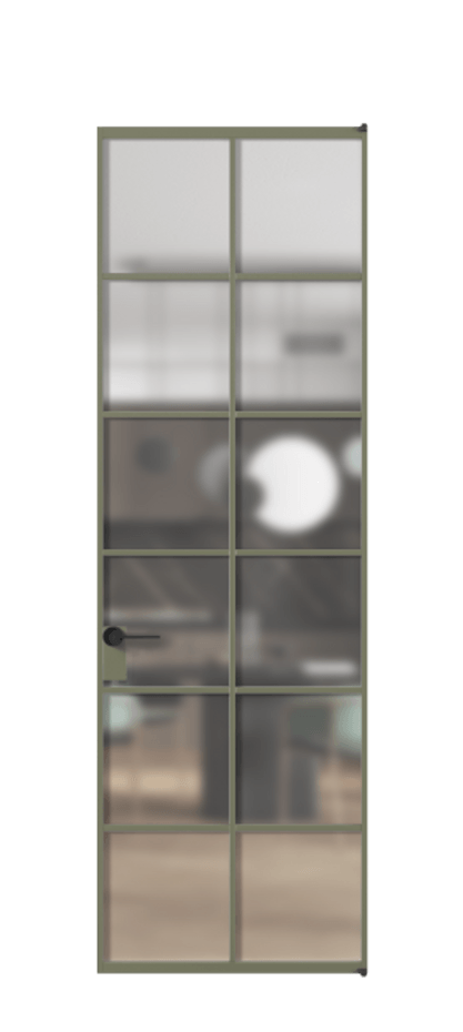 Алюминиевая дверь АЛПЛ040.05 Алюминий оливковый тёмный Сатинированное стекло "Matelux Crystal Vision", калёное, матовое, каленое 6 мм Цена 8420  | Volhovec