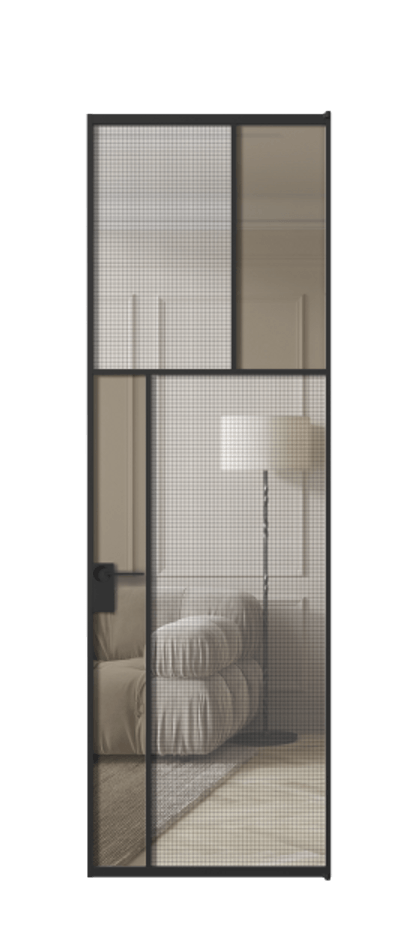 Межкомнатная дверь Mosaic АЛПЛ041.22 Алюминий Черный Декоративное стекло с сеткой "Mesh silver", триплекс, 6 мм + Прозрачное бронзовое стекло, триплекс Цена 8880 Br | Volhovec