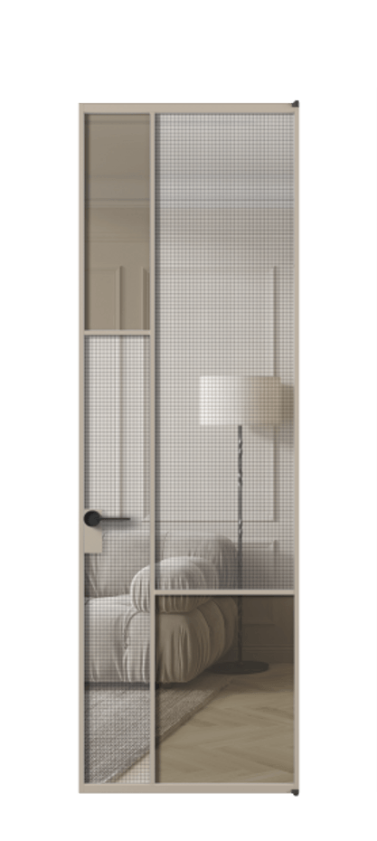 Межкомнатная дверь Mosaic АЛПЛ041.13 Алюминий бисквитный Декоративное стекло с сеткой "Mesh silver", триплекс, 6 мм + Прозрачное бронзовое стекло, триплекс Цена 9190 Br | Volhovec