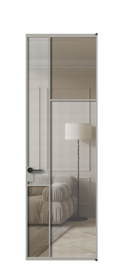 Межкомнатная дверь Mosaic АЛПЛ041.11 Алюминий нейтральный серый Декоративное стекло с сеткой "Mesh silver", триплекс, 6 мм + Прозрачное бронзовое стекло, триплекс Цена 9190 Br | Volhovec