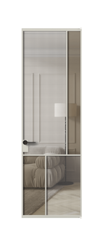 Межкомнатная дверь Mosaic АЛПЛ041.21 Алюминий тёплый серый Декоративное стекло с сеткой "Mesh silver", триплекс, 6 мм + Прозрачное бронзовое стекло, триплекс, 6 мм Цена 5140 Br | Volhovec