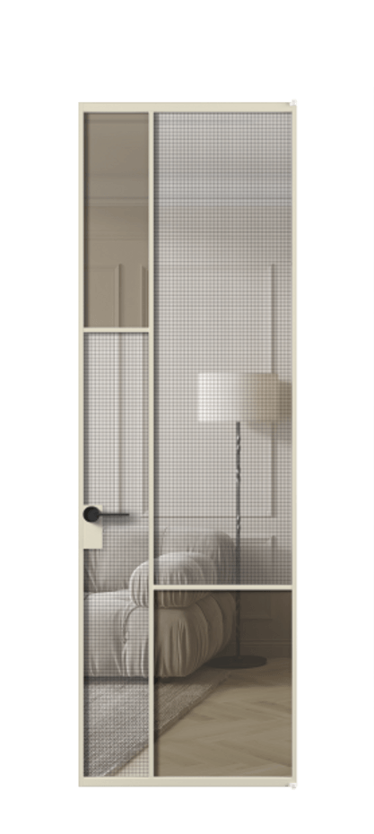 Межкомнатная дверь Mosaic АЛПЛ041.13 Алюминий бежево-серый Декоративное стекло с сеткой "Mesh silver", триплекс, 6 мм + Прозрачное бронзовое стекло, триплекс, 6 мм Цена 5140 Br | Volhovec
