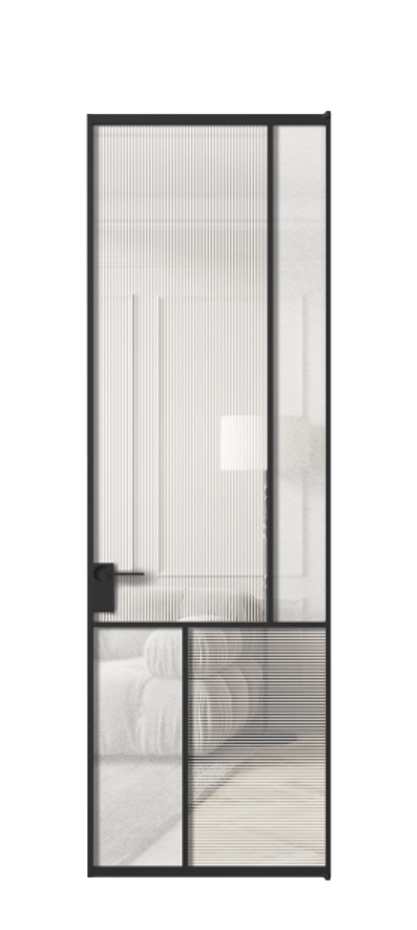 Межкомнатная дверь Mosaic АЛПЛ041.21 Алюминий Черный Рифлёное стекло "Дюна", триплекс, 6 мм + Фактурное стекло "Лёд", триплекс Цена 8990 Br | Volhovec