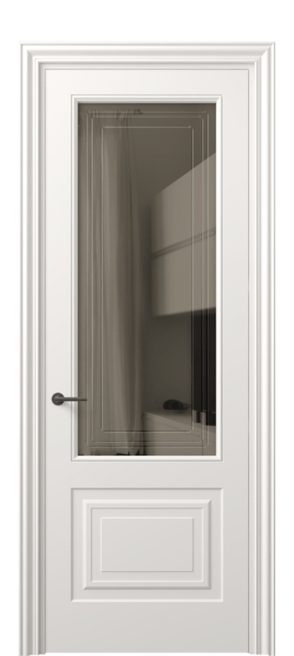 Межкомнатная дверь Маскот 8452 Матовый пудровый белый Прозрачное бронзовое стекло с гравировкой "Грани", триплекс Цена 4411 Br | Volhovec