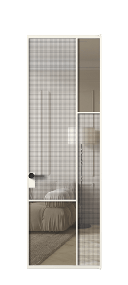 Межкомнатная дверь Mosaic АЛПЛ041.12 Алюминий пудровый белый Декоративное стекло с сеткой "Mesh silver", триплекс, 6 мм + Прозрачное бронзовое стекло, триплекс, 6 мм Цена 5140 Br | Volhovec
