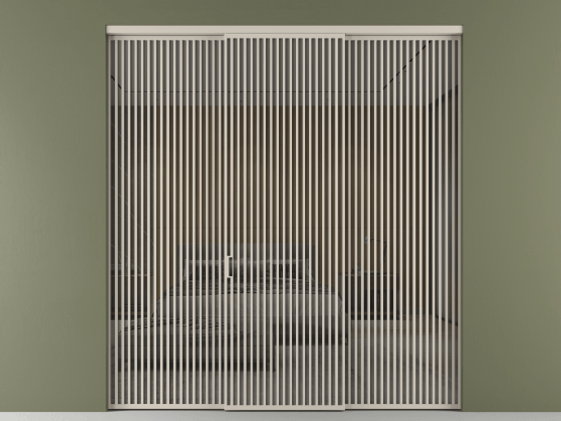 Перегородка Formato внутри проёма 3 створки АЛПР 040.06 Алюминий светло-бежевый Рефлективное серое стекло "Stopsol", калёное Цена 32700 Br | Volhovec