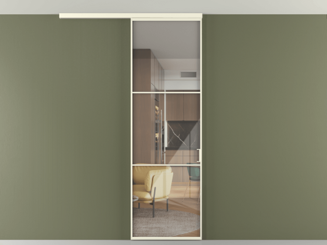 Перегородка Formato вдоль стены на потолок 1 створка АЛПР 040.03 Алюминий молочно-белый Рефлективное прозрачное стекло "Stopsol", калёное Цена 6711 Br | Volhovec