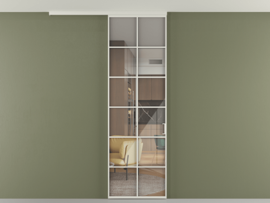 Перегородка Formato вдоль стены на потолок 1 створка АЛПР 040.05 Алюминий Белый Рефлективное прозрачное стекло "Stopsol", калёное Цена 6900 Br | Volhovec