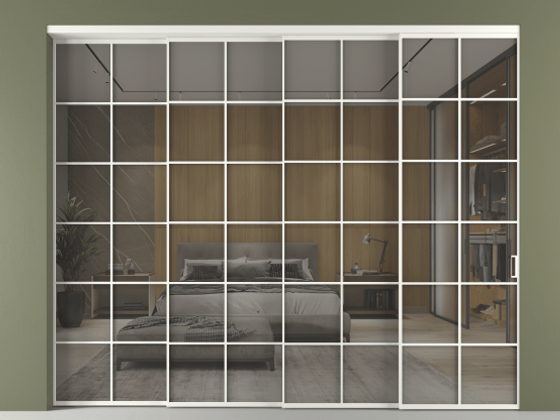 Перегородка Formato внутри проёма 4 створки с синхронным механизмом АЛПР 040.05 Алюминий светло-серый Рефлективное серое стекло "Stopsol", калёное Цена 31390 Br | Volhovec