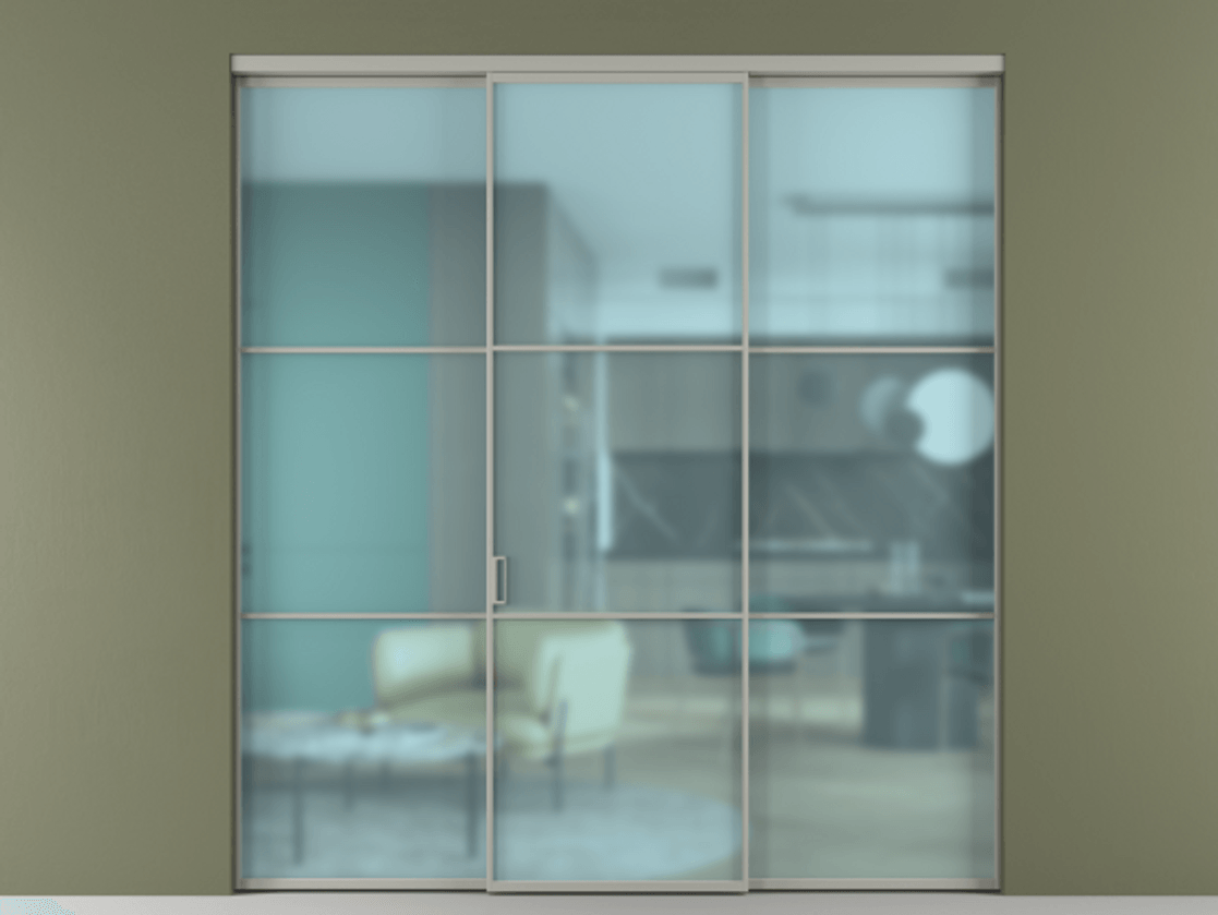 Перегородка Formato внутри проёма 3 створки АЛПР 040.03 Алюминий нейтральный серый Сатинированное голубое стекло, триплекс Цена 13300 Br | Volhovec