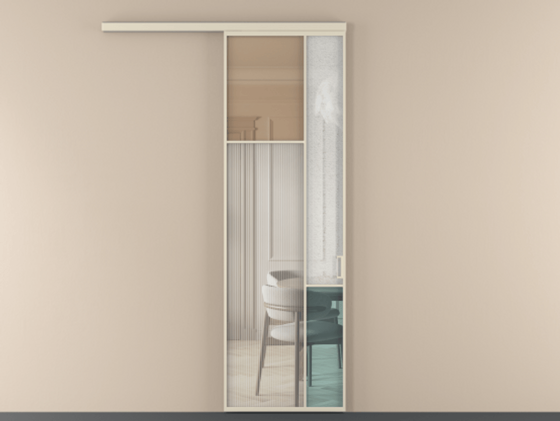 Перегородка Mosaic вдоль стены одностворчатая АЛПР 041.10 Алюминий бежево-серый Комбинация стекол Группы 1 и Группы 3 Цена 6900 Br | Volhovec