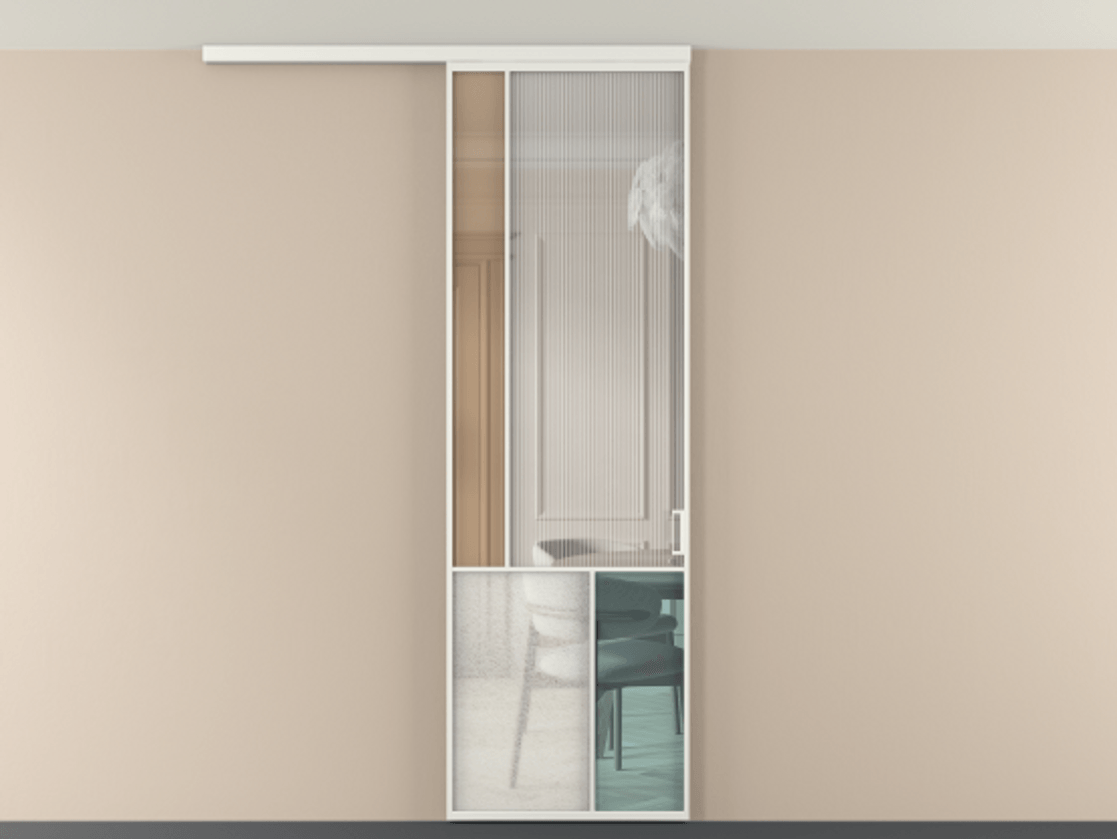 Перегородка Мозаик вдоль стены на потолок 1 створка АЛПР 041.20 Алюминий светло-серый Комбинация стекол Группы 1 и Группы 3 Цена 7500 Br | Volhovec