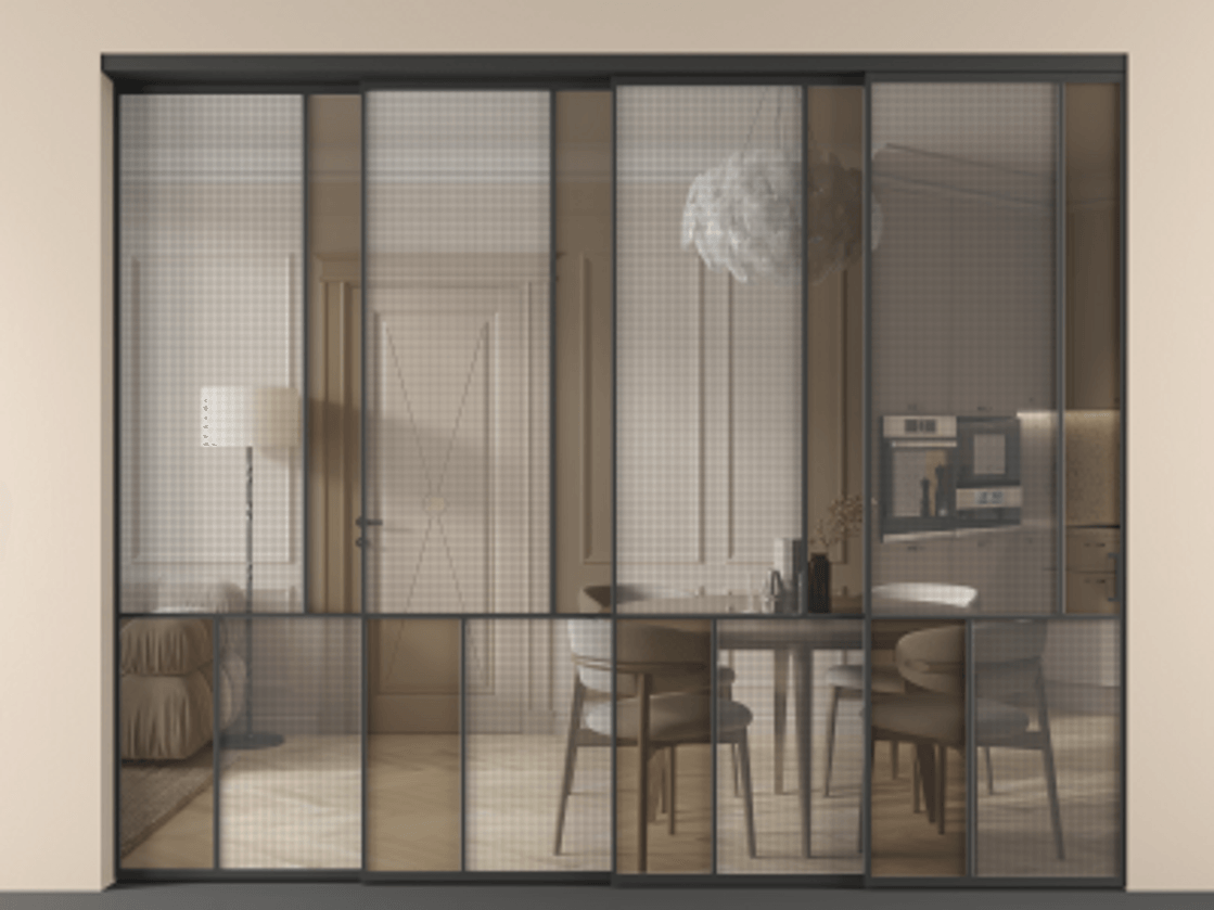 Перегородка Mosaic внутри проёма телескопик синхро-4 АЛПР 041.21 Алюминий Черный Mesh silver + Бронза прозрачное триплекс Цена 29530 Br | Volhovec