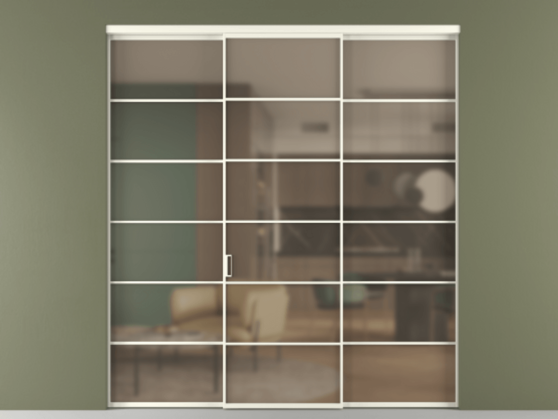 Перегородка Formato внутри проёма 3 створки АЛПР 040.04 Алюминий жемчужный Сатинированное бронзовое стекло, триплекс Цена 14290 Br | Volhovec