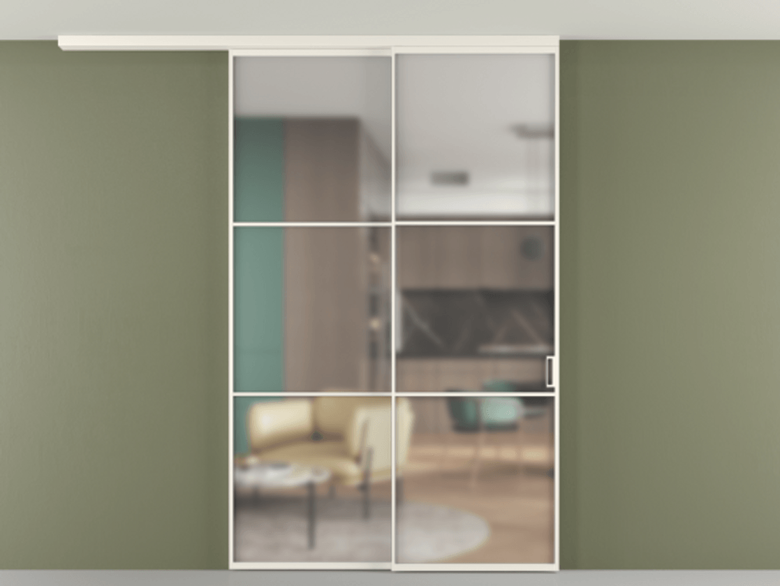 Перегородка Формато вдоль стены на потолок 2 створки с синхронным механизмом АЛПР 040.03 Алюминий пудровый белый Сатинированное стекло "Мателюкс Кристал Вижн", калёное, матовое, каленое 6 мм Цена 17480 Br | Volhovec