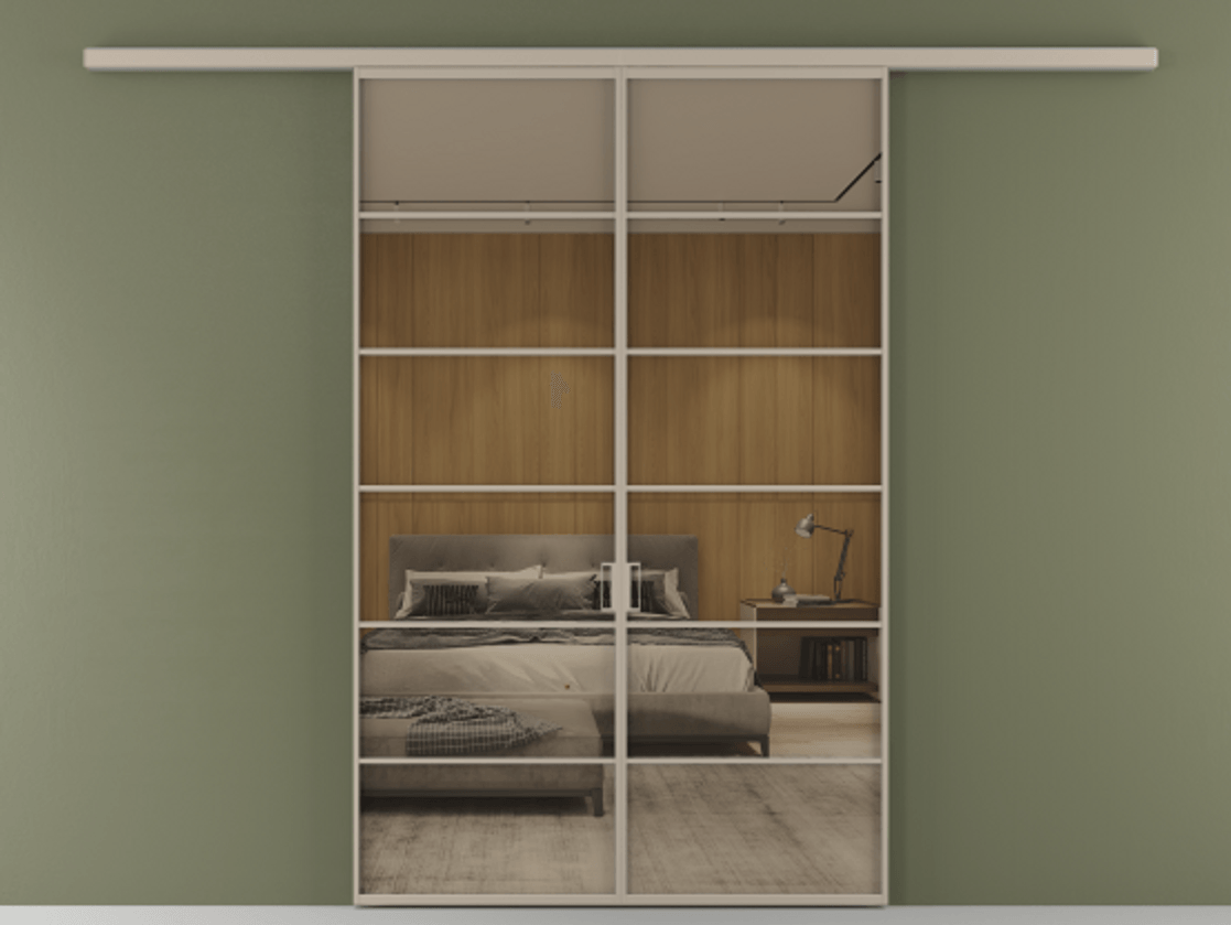 Перегородка Формато вдоль стены 2 створки АЛПР 040.04 Алюминий бисквитный Рефлективное бронзовое стекло "Стопсол", калёное Цена 14150 Br | Volhovec