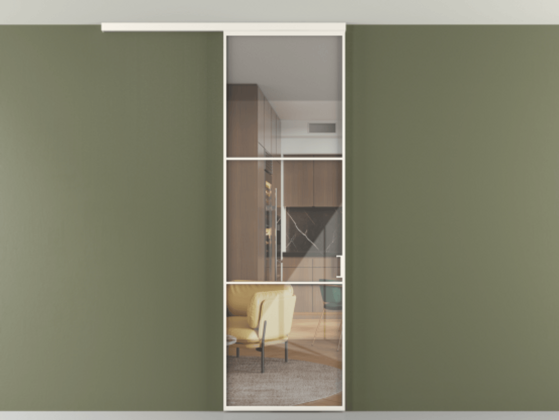 Перегородка Formato вдоль стены на потолок 1 створка АЛПР 040.03 Алюминий пудровый белый Рефлективное прозрачное стекло "Stopsol", калёное Цена 6711 Br | Volhovec