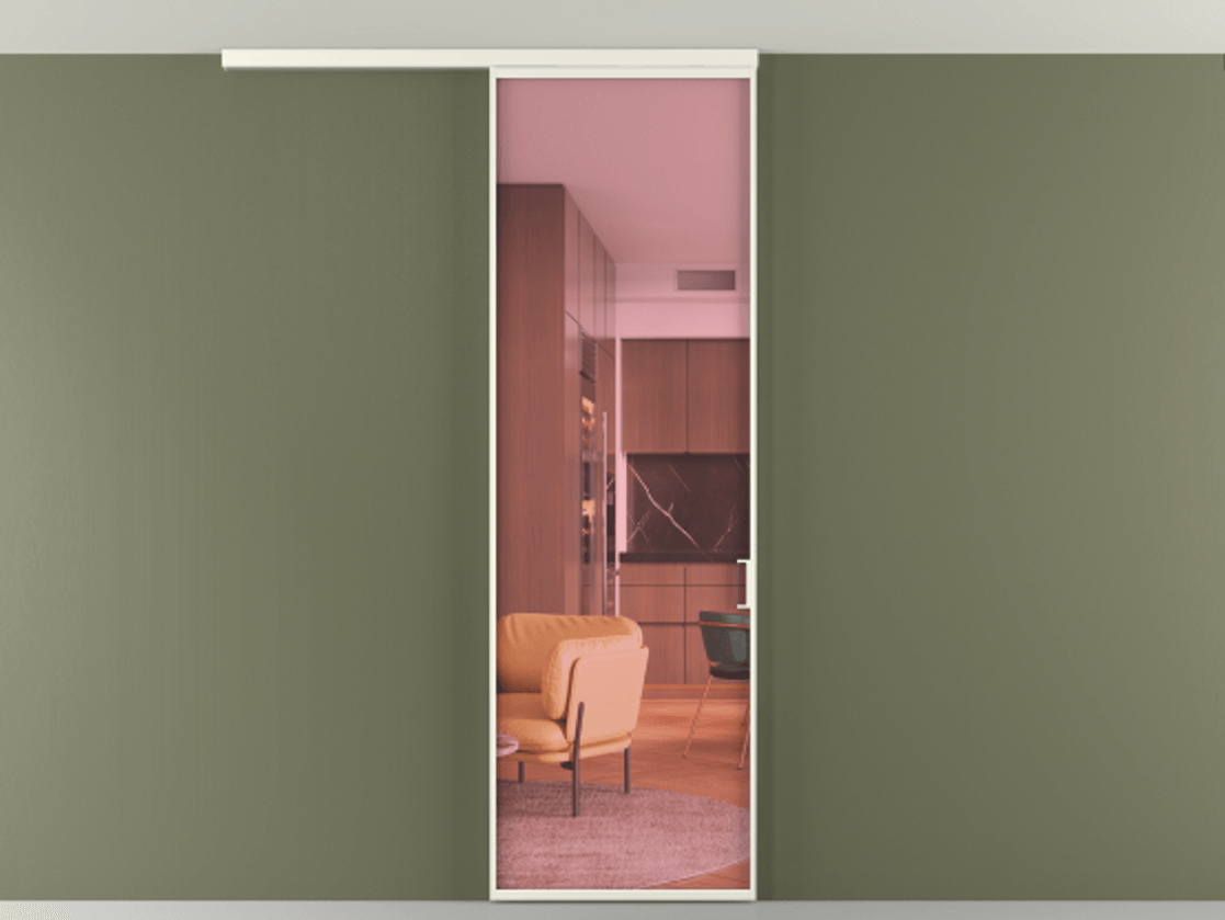 Перегородка Формато вдоль стены на потолок 1 створка АЛПР 040.01 Алюминий жемчужный Прозрачное розовое стекло, триплекс Цена 4900 Br | Volhovec