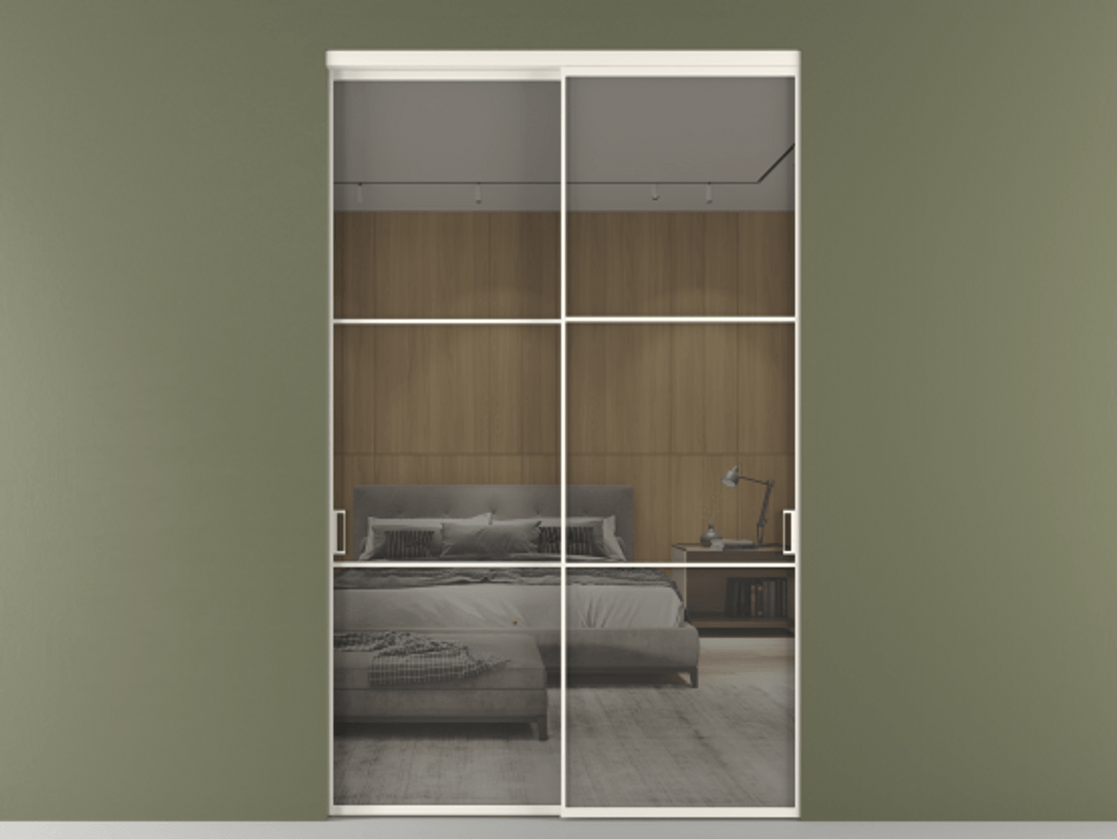 Перегородка Формато внутри проёма 2 створки АЛПР 040.03 Алюминий пудровый белый Рефлективное серое стекло "Стопсол", калёное Цена 25570 Br  | Volhovec