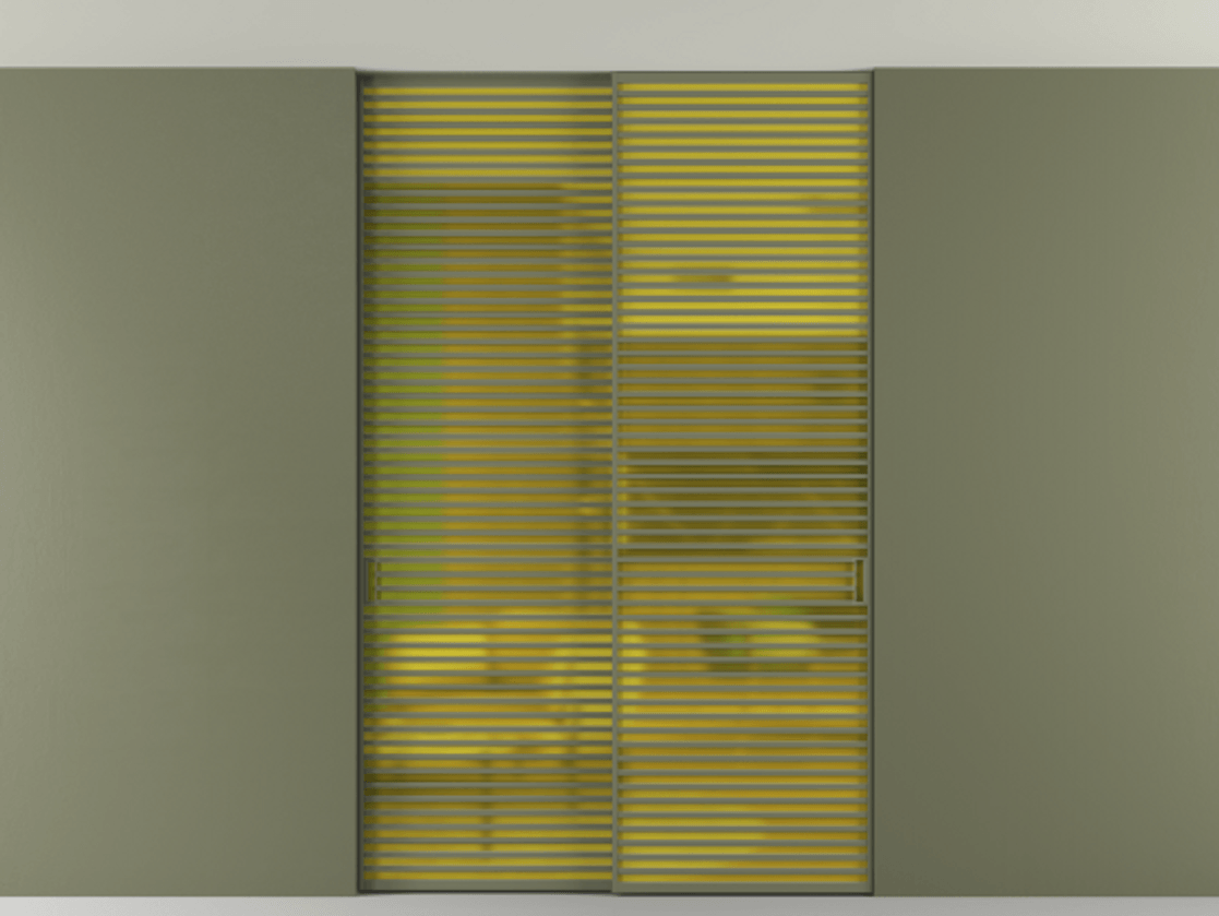 Перегородка Формато внутри проёма скрытое крепление в потолок 2 створки АЛПР 040.07 Алюминий оливковый тёмный Сатинированное жёлтое стекло, триплекс Цена 21900 Br | Volhovec