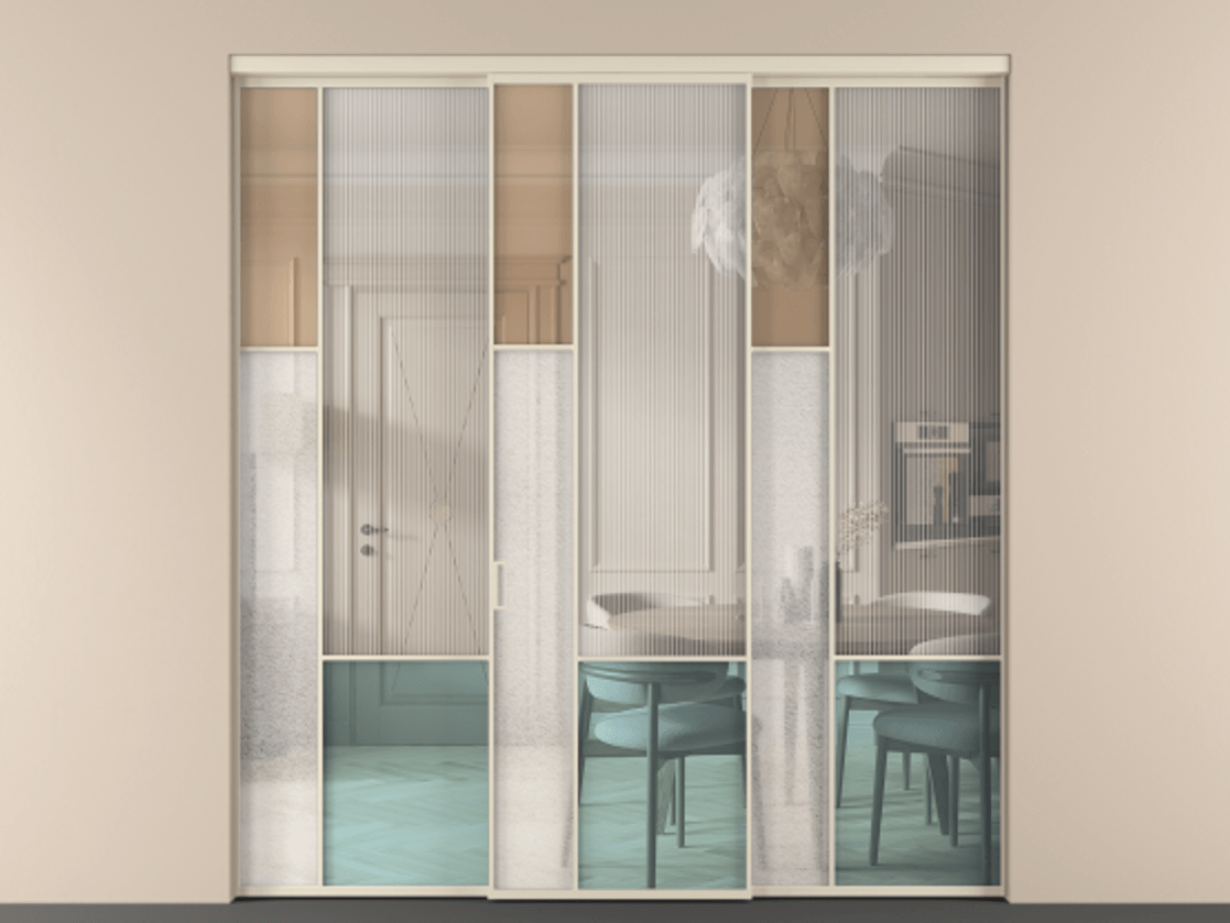 Перегородка Mosaic внутри проёма трёхстворчатая АЛПР 041.13 Алюминий бежево-серый Комбинация стекол Группы 1 и Группы 3 Цена 17200 Br | Volhovec