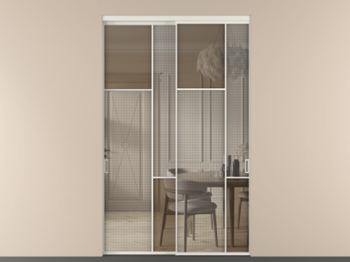 Перегородка Mosaic внутри проема двустворчатая АЛПР 041.10 Алюминий Белый Mesh silver + Бронза прозрачное триплекс Цена 12160 Br | Volhovec