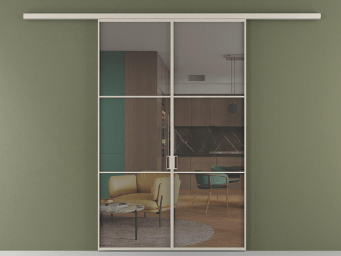 Перегородка Формато вдоль стены 2 створки АЛПР 040.03 Алюминий светло-бежевый Прозрачное серое стекло, триплекс Цена 10450 Br | Volhovec