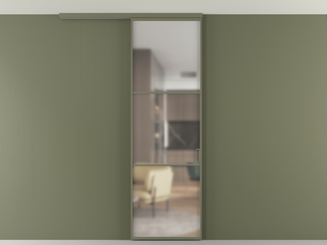 Перегородка Формато вдоль стены на потолок 1 створка АЛПР 040.03 Алюминий оливковый тёмный Сатинированное стекло "Мателюкс Кристал Вижн", калёное, матовое, каленое 6 мм Цена 5740 Br | Volhovec