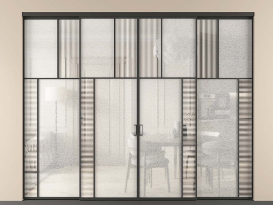 Перегородка Mosaic внутри проёма четырёхстворчатая АЛПР 041.23 Алюминий Черный Рифлёное стекло "Дюна", триплекс, 6 мм + Фактурное стекло "Лёд", триплекс, 6 мм. Скрытый короб ЧЕР Цена 23990 Br . Фабрика дверей Волховец 8 (800) 551 43 19 Перегородка Mosaic внутри проёма четырёхстворчатая АЛПР 041.23 Алюминий Черный Рифлёное стекло "Дюна", триплекс, 6 мм + Фактурное стекло "Лёд", триплекс, 6 мм Цена 23990 Br | Volhovec