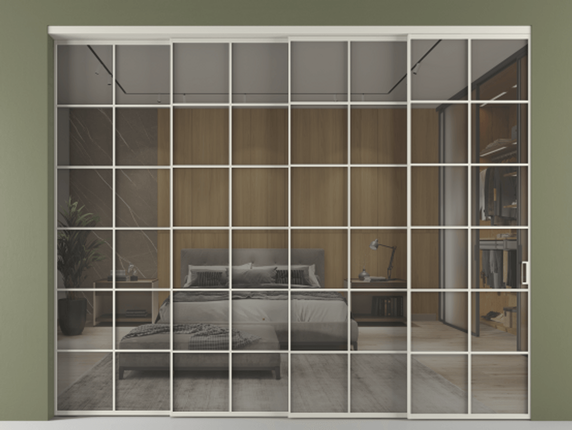 Перегородка Formato внутри проёма 4 створки с синхронным механизмом АЛПР 040.05 Алюминий тёплый серый Рефлективное серое стекло "Стопсол", калёное Цена 31390 Br | Volhovec