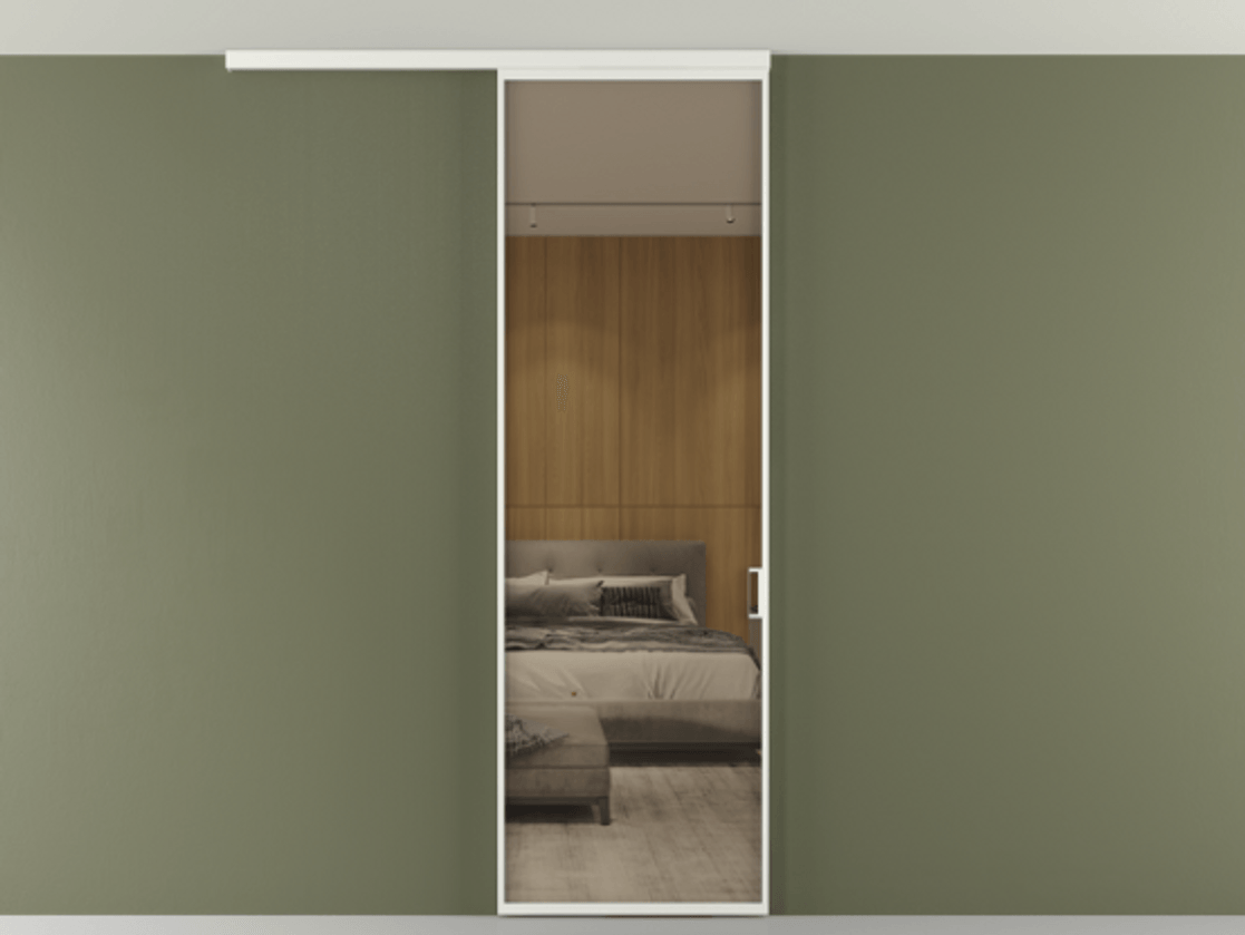 Перегородка Formato вдоль стены на потолок 1 створка АЛПР 040.01 Алюминий светло-серый Рефлективное бронзовое стекло "Stopsol", калёное Цена 6390 Br | Volhovec