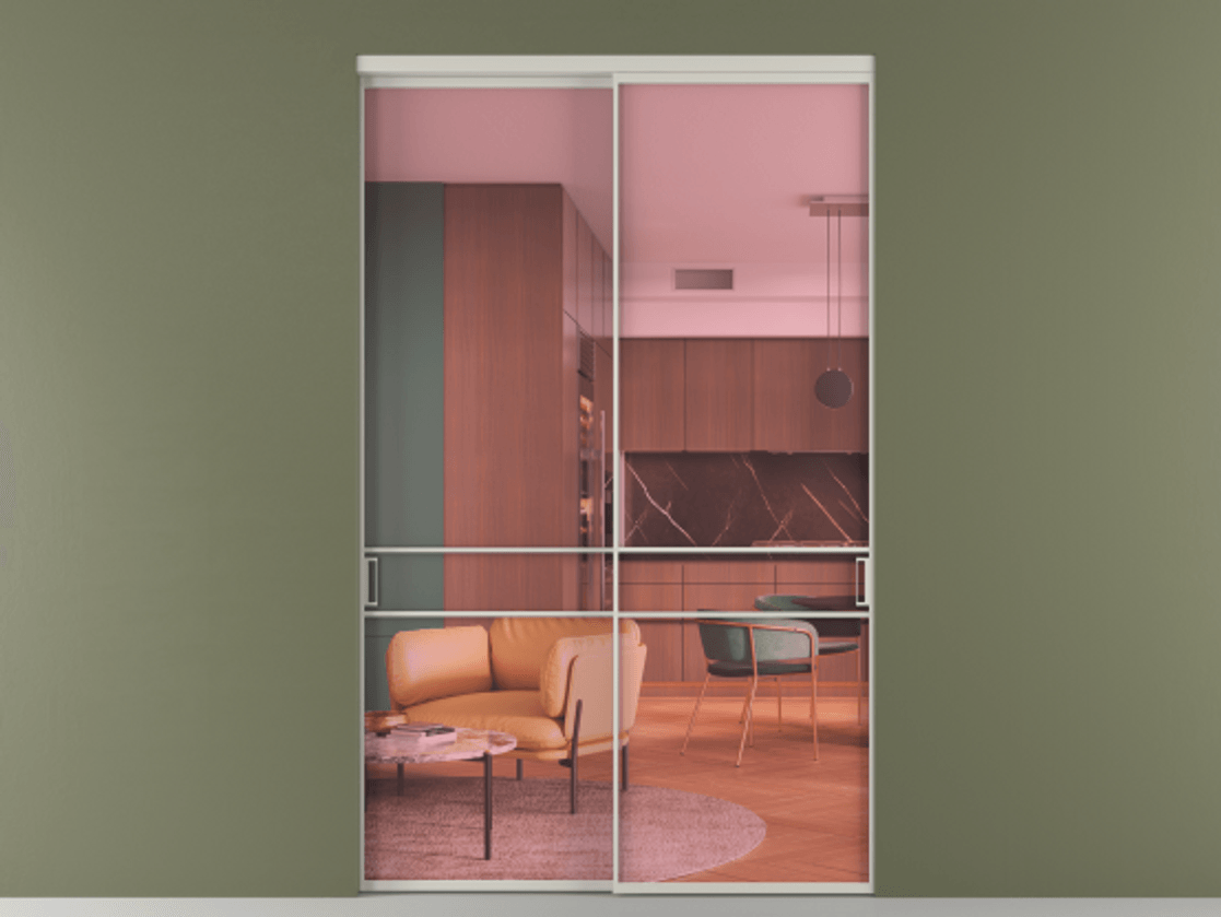 Перегородка Формато внутри проёма 2 створки АЛПР 040.02 Алюминий тёплый серый Прозрачное розовое стекло, триплекс Цена 23100 Br  | Volhovec