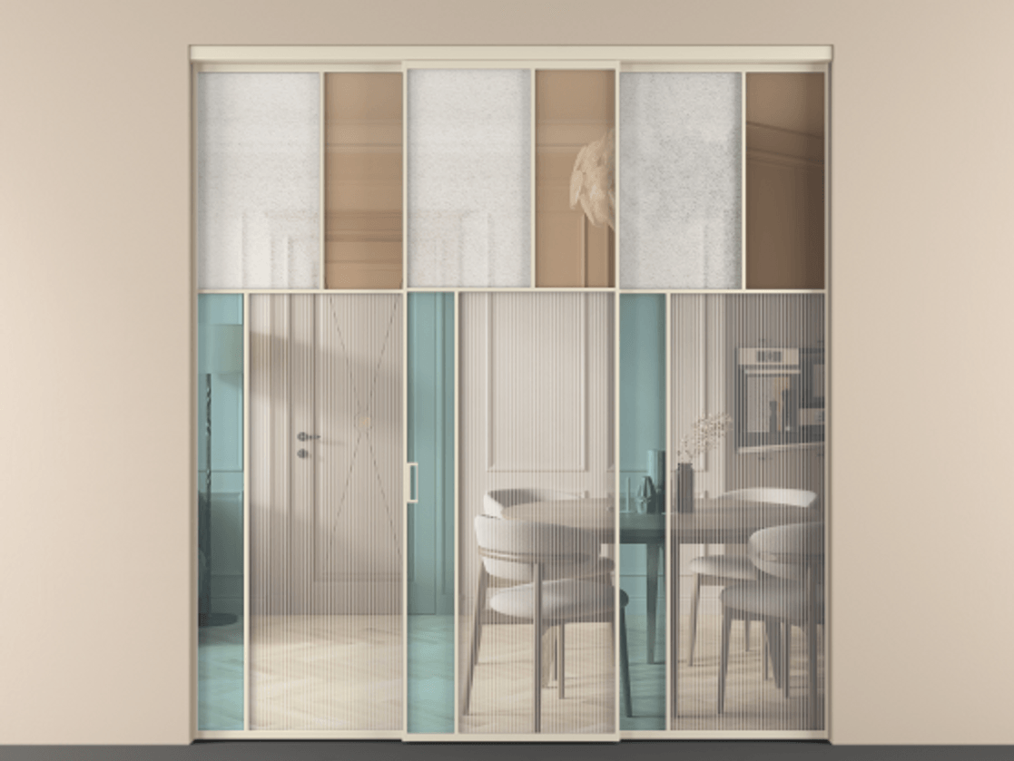 Перегородка Mosaic внутри проёма трёхстворчатая АЛПР 041.22 Алюминий бежево-серый Комбинация стекол Группы 1 и Группы 3 Цена 17400 Br | Volhovec