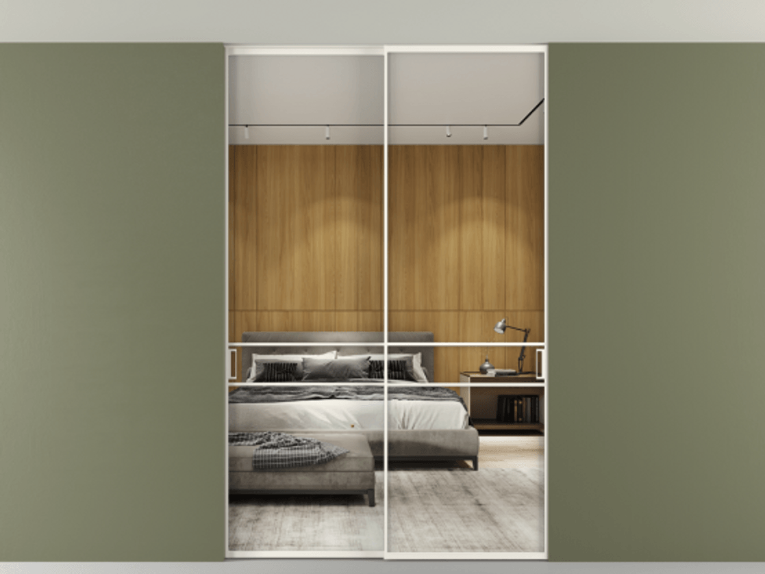 Перегородка Formato внутри проёма скрытое крепление в потолок 2 створки АЛПР 040.02 Алюминий пудровый белый Двустороннее зеркало, триплекс , триплекс 6 мм Цена 13710 Br | Volhovec