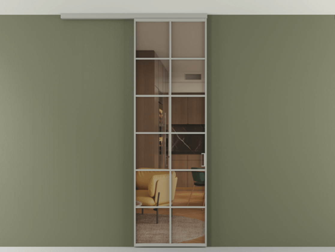 Перегородка Формато вдоль стены на потолок 1 створка АЛПР 040.05 Алюминий нейтральный серый Прозрачное бронзовое стекло, триплекс Цена 5520 Br | Volhovec