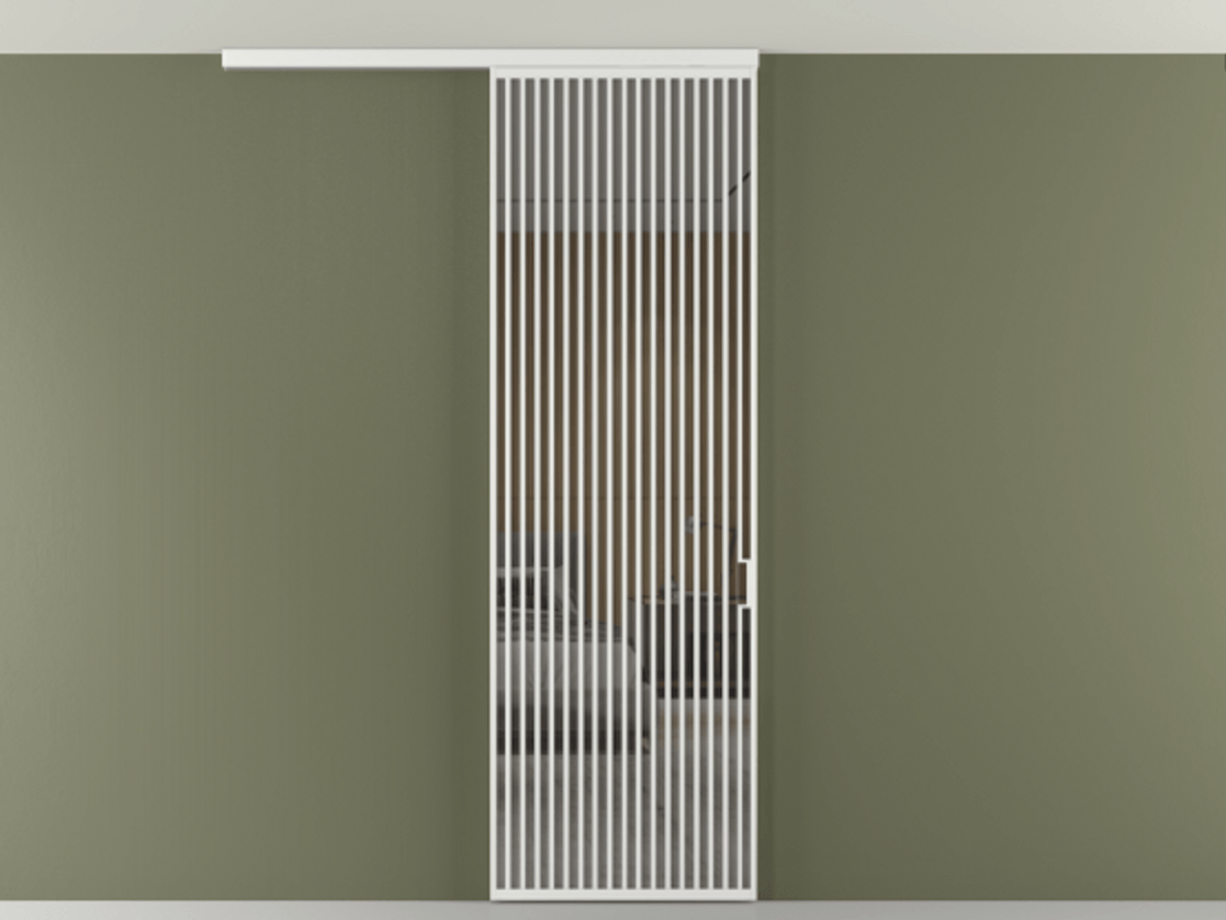 Перегородка Formato вдоль стены на потолок 1 створка АЛПР 040.06 Алюминий белоснежный Рефлективное серое стекло "Стопсол", калёное Цена 12470 Br | Volhovec