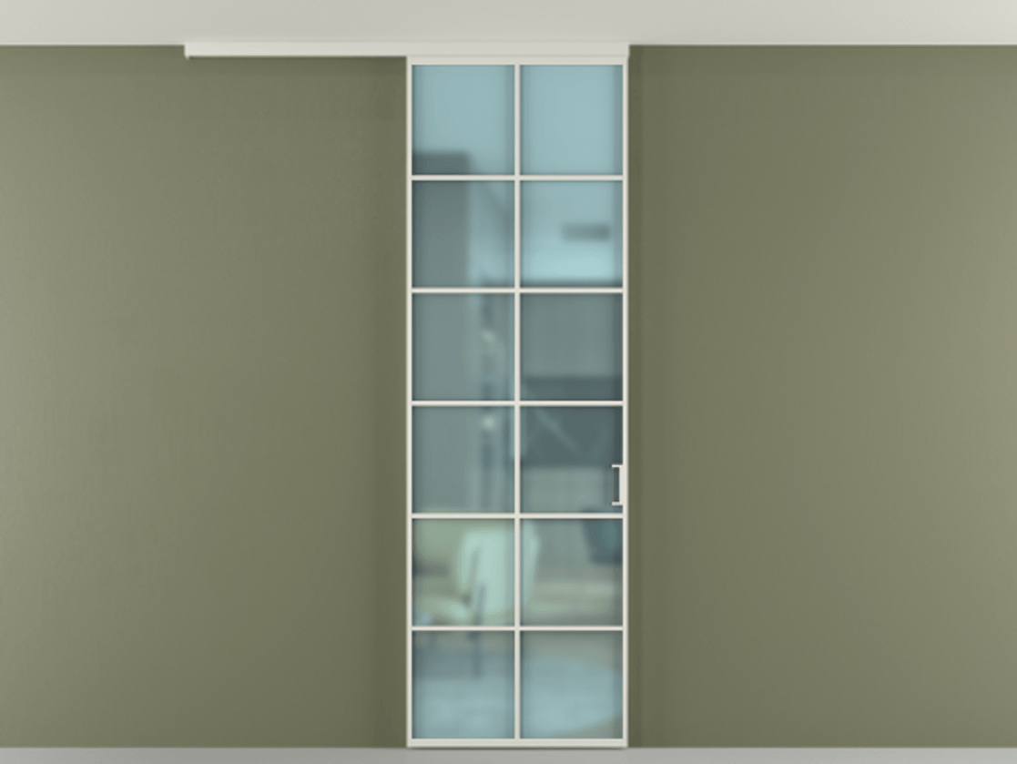 Перегородка Формато вдоль стены на потолок 1 створка АЛПР 040.05 Алюминий Белый Сатинированное голубое стекло, триплекс Цена 5300 Br | Volhovec