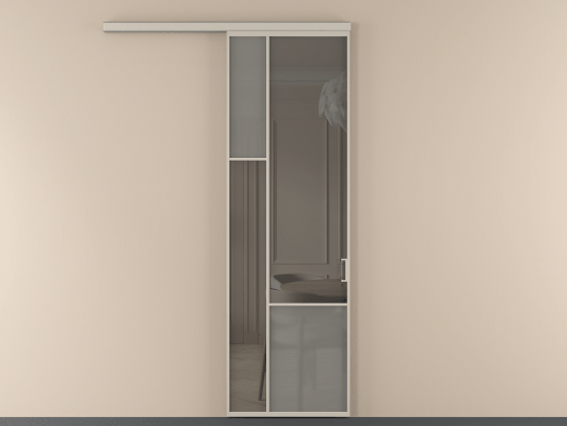 Перегородка Mosaic вдоль стены 1 створка АЛПР 041.13 Алюминий светло-бежевый Сатинированное серое стекло, триплекс, 6 мм + Прозрачное серое стекло, триплекс Цена 7330 Br | Volhovec