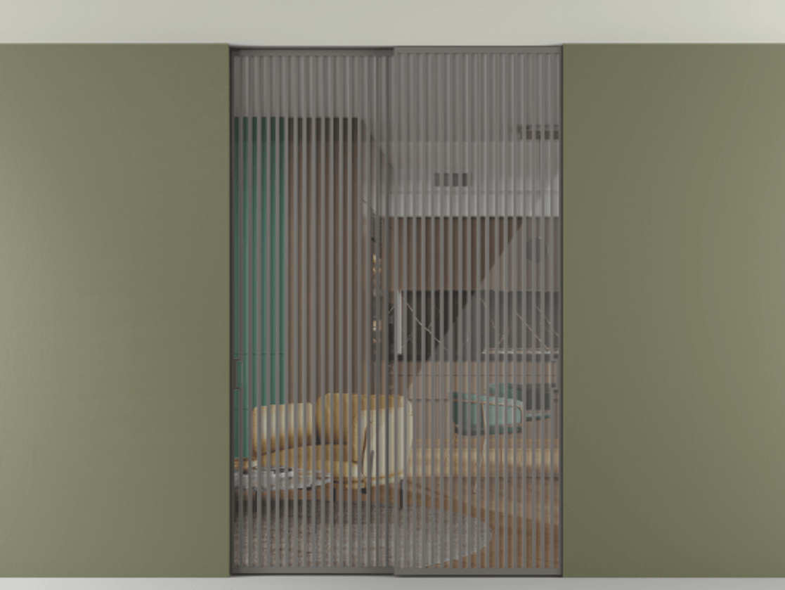 Перегородка Формато внутри проёма скрытое крепление в потолок 2 створки АЛПР 040.06 Алюминий классический серый Рефлективное прозрачное стекло "Стопсол", калёное Цена 27860 Br | Volhovec