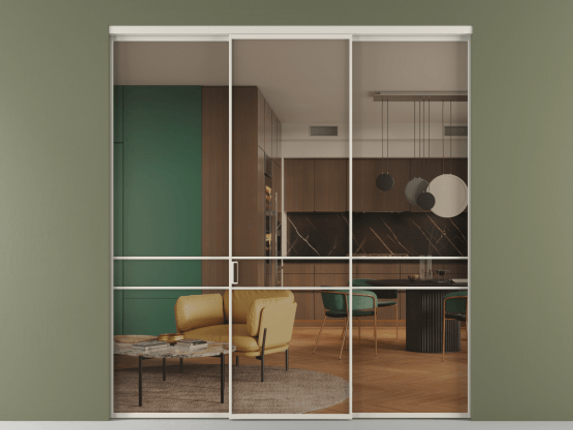 Перегородка Formato внутри проёма 3 створки АЛПР 040.02 Алюминий облачно-серый Прозрачное бронзовое стекло, триплекс Цена 13290 Br | Volhovec