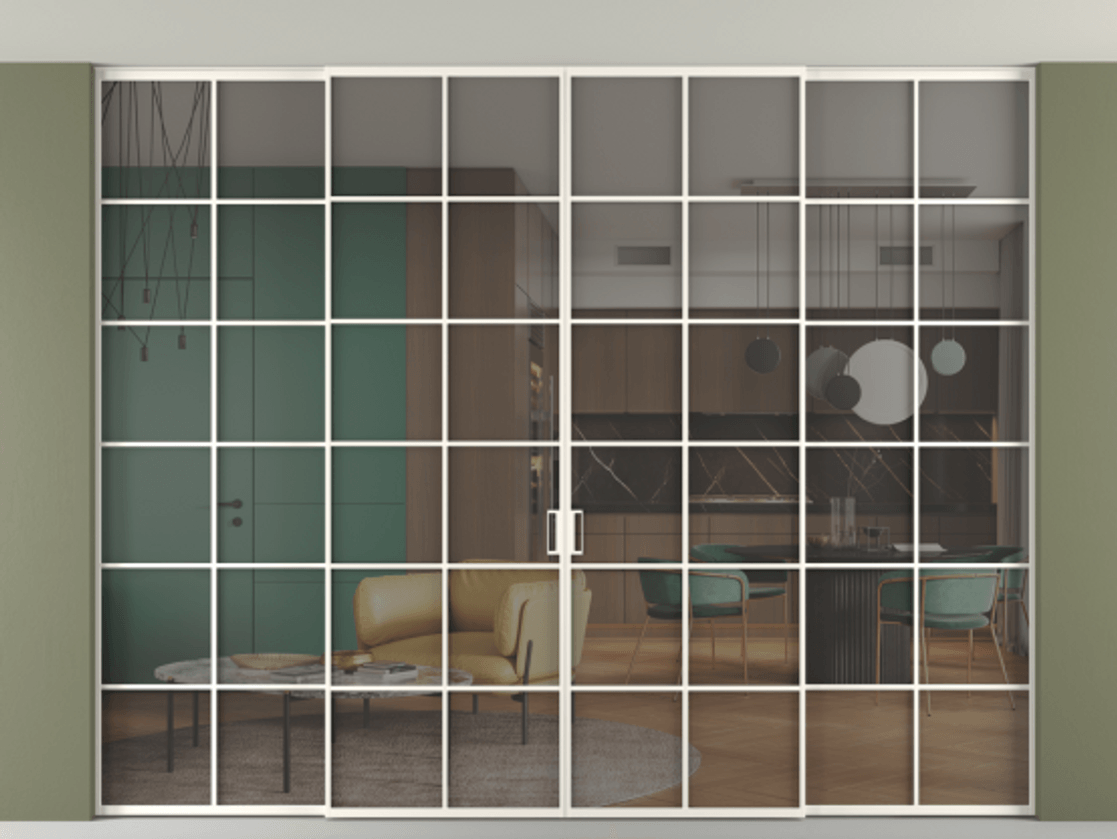 Перегородка Formato внутри проёма скрытое крепление в потолок 4 створки АЛПР 040.05 Алюминий пудровый белый Прозрачное серое стекло, триплекс Цена 29810 Br | Volhovec