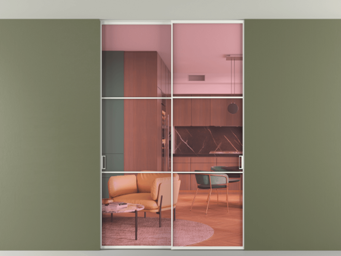 Перегородка Формато внутри проёма скрытое крепление в потолок 2 створки АЛПР 040.03 Алюминий светло-серый Прозрачное розовое стекло, триплекс Цена 13300 Br | Volhovec