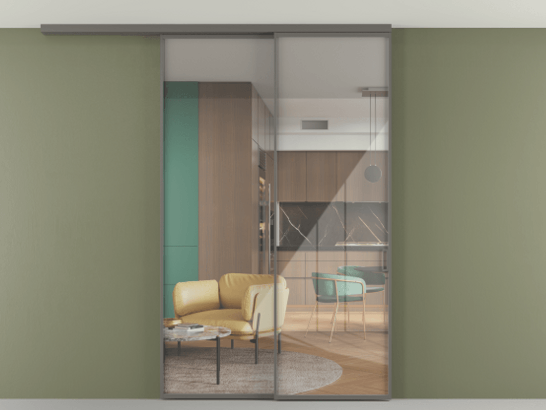 Перегородка Формато вдоль стены на потолок 2 створки с синхронным механизмом АЛПР 040.01 Алюминий классический серый Рефлективное прозрачное стекло "Стопсол", калёное Цена 15620 Br | Volhovec