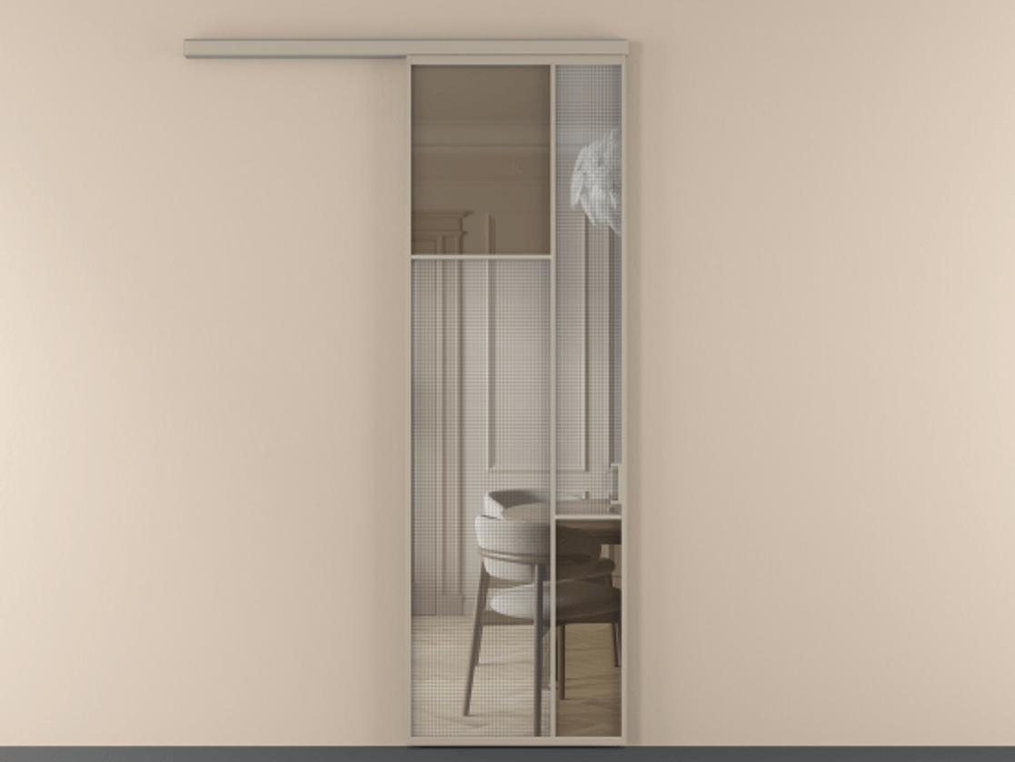 Перегородка Mosaic вдоль стены 1 створка АЛПР 041.10 Алюминий бисквитный Декоративное стекло с сеткой "Mesh silver", триплекс, 6 мм + Прозрачное бронзовое стекло, триплекс Цена 7650 Br | Volhovec