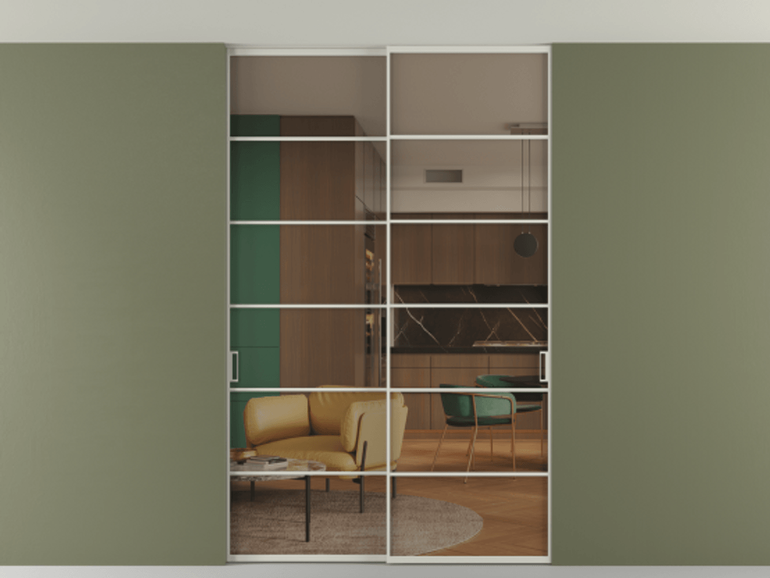 Перегородка Formato внутри проёма скрытое крепление в потолок 2 створки АЛПР 040.04 Алюминий тёплый серый Прозрачное бронзовое стекло, триплекс Цена 14450 Br | Volhovec