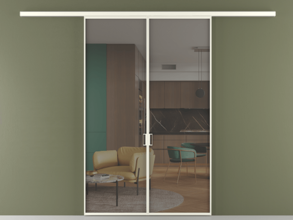 Перегородка Формато вдоль стены 2 створки АЛПР 040.01 Алюминий жемчужный Прозрачное серое стекло, триплекс Цена 10020 Br | Volhovec