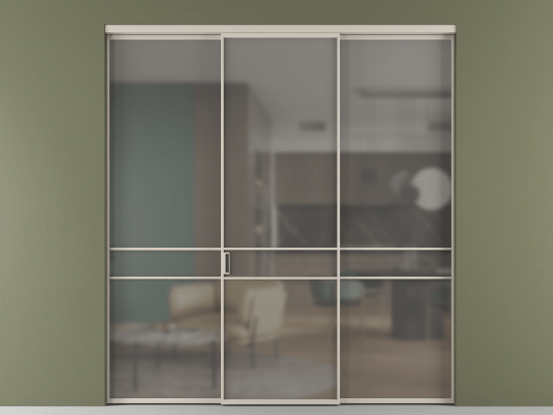 Перегородка Формато внутри проёма 3 створки АЛПР 040.02 Алюминий светло-бежевый Сатинированное серое стекло, триплекс Цена 12690 Br | Volhovec