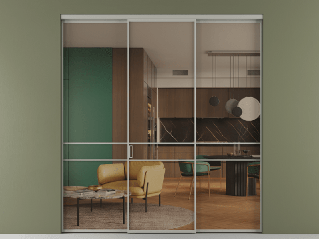 Перегородка Формато внутри проёма 3 створки АЛПР 040.02 Алюминий нейтральный серый Прозрачное бронзовое стекло, триплекс Цена 12690 Br | Volhovec